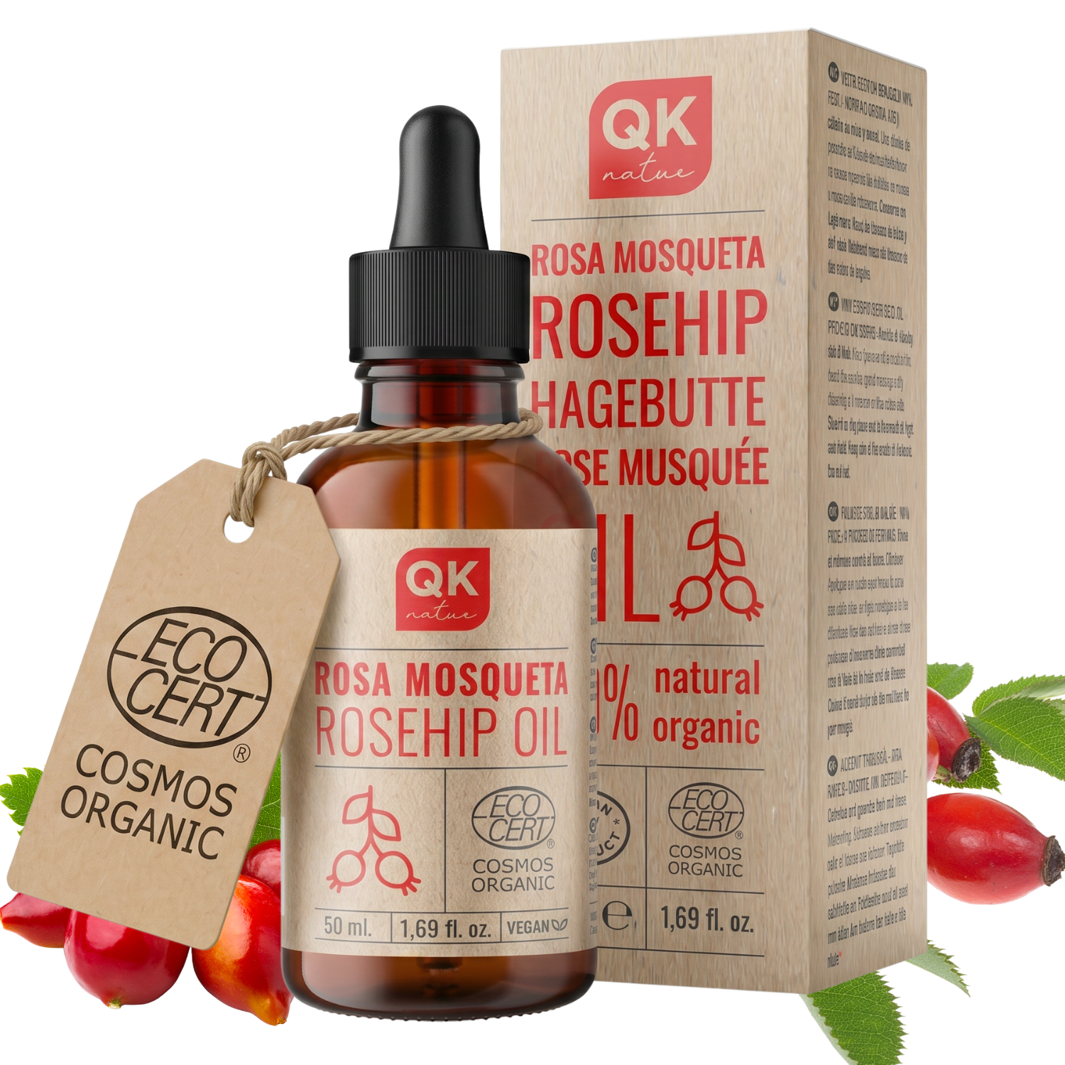 QKnatur - 100% Pure Organic Vegan Rosehip Oil - 50 ml - for Scars and Stretch Marks - Anti-Wrinkle Anti-Aging - BIO - Cold Pressed