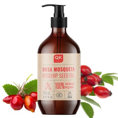 QKnatur - Huile de Rose Musquée Vegan Bio Pure - 250 ml - pour Cicatrices et Vergetures - Anti-Rides Anti-Âge - BIO - Pressée à Froid