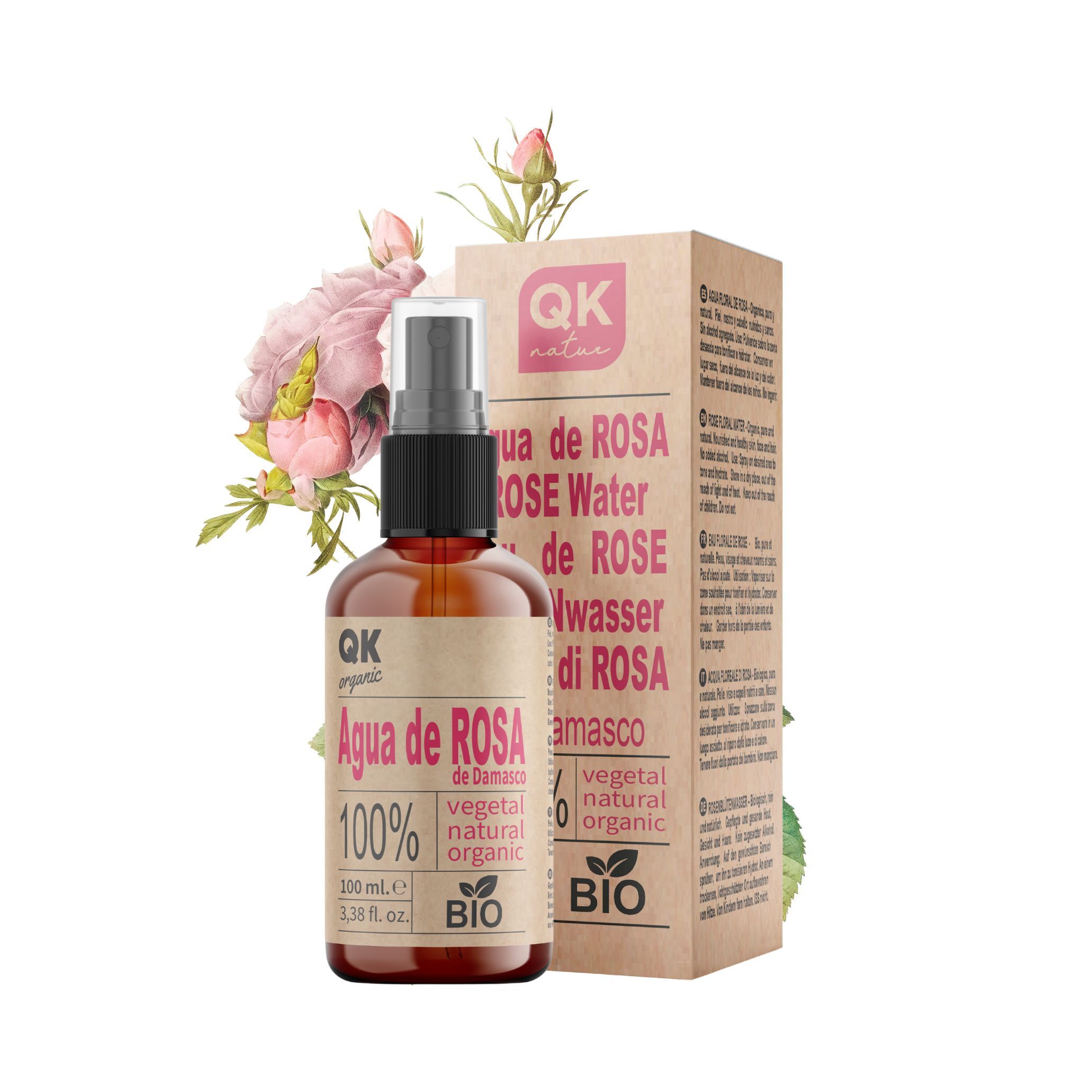QKnatur - Organic Damask Rose Water 100ml - 100% Pure and Natural Facial Toner - Face, Eye Contour, Body, Hair - Glass Bottle with Spray