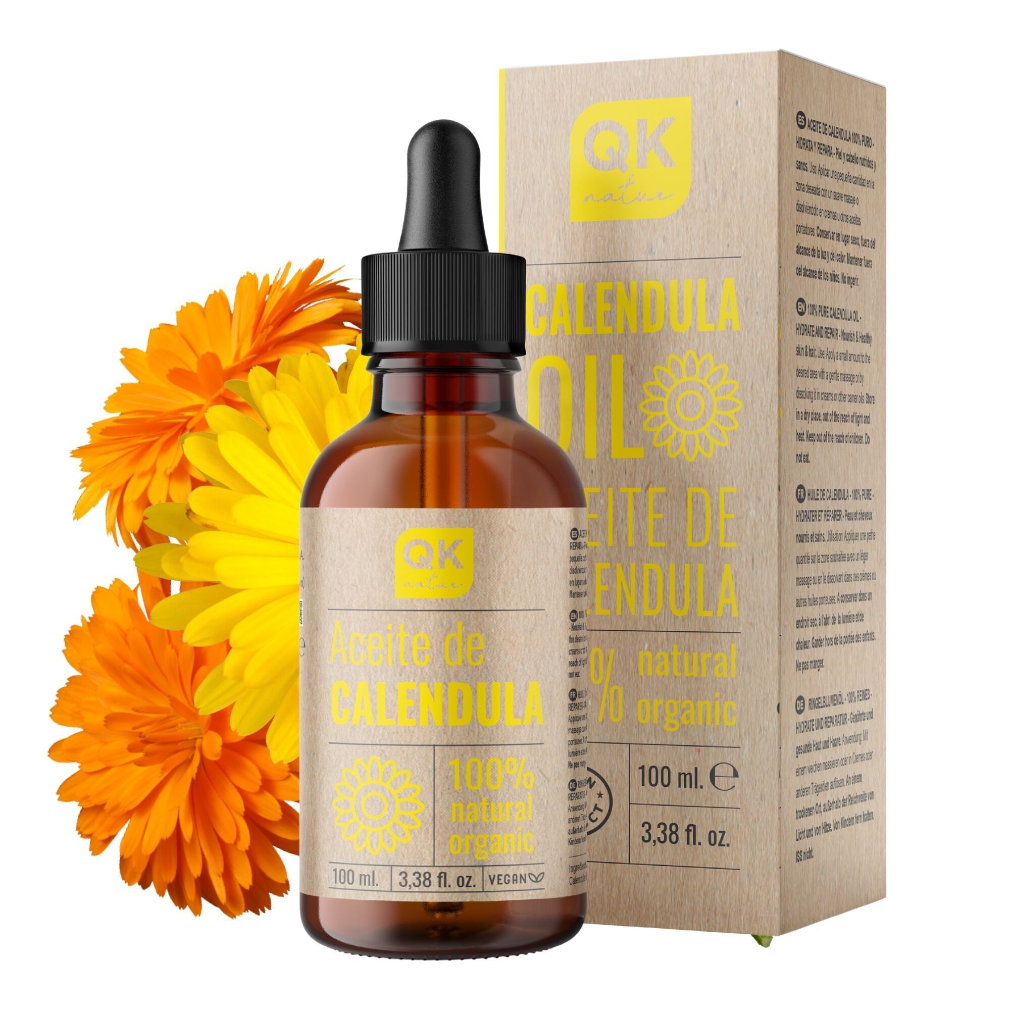 QKnatur - 100% Pure Organic Vegan Calendula Oil - 100 ml - glass bottle - for sensitive, dry and cracked skin. Soothing and healing.Acne, irritations, burns, insect bites