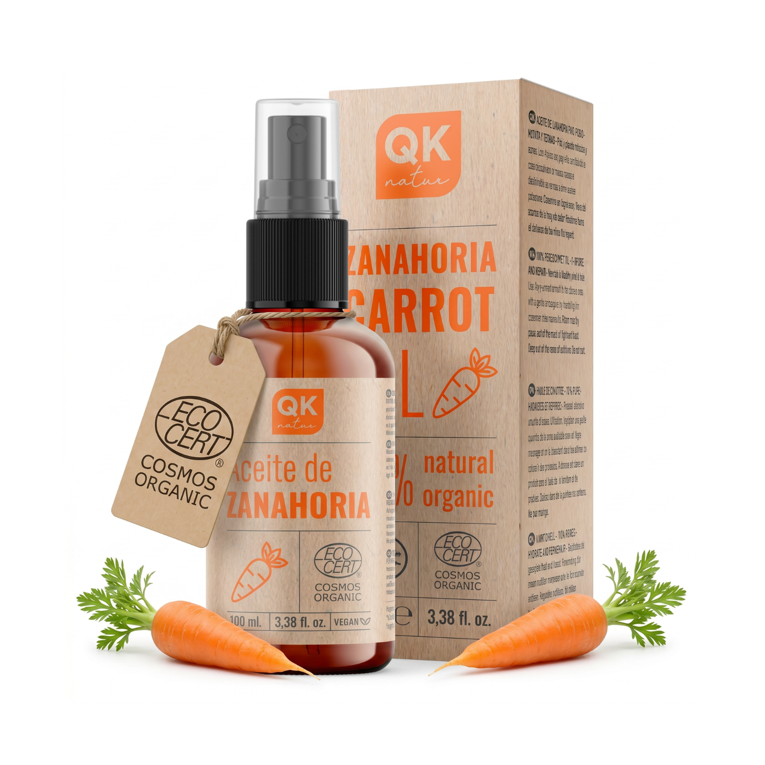 QKnatur - Carrot Oil 100ml - 100% Pure and Natural - Natural Sun Tanner - Hydrates and Rejuvenates Skin - Repairs Hair - Glass Bottle - ECOCERT Cosmos Organic