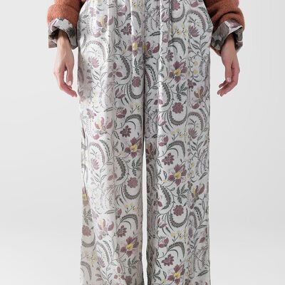 gray flower printed satin pants