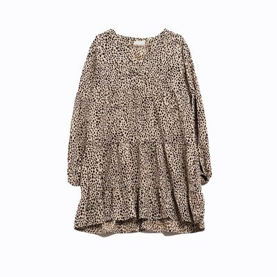 Robe courte beige à imprimé animal marron et manches longues