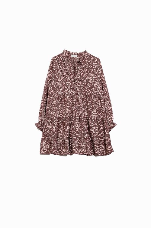 Midi Dress in Red With White Animal Print and Long Sleeves