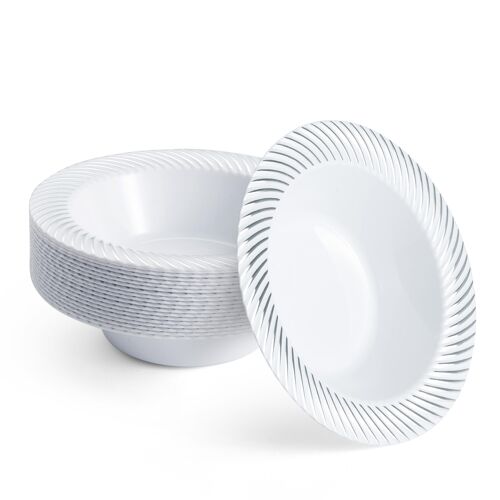 20 Premium White Plastic Bowls with Silver Rim, 360ml - Elegant, Sturdy & Reusable - Soup & Dessert Bowls for Weddings, Birthdays, BBQ, Buffets, Catering, Parties