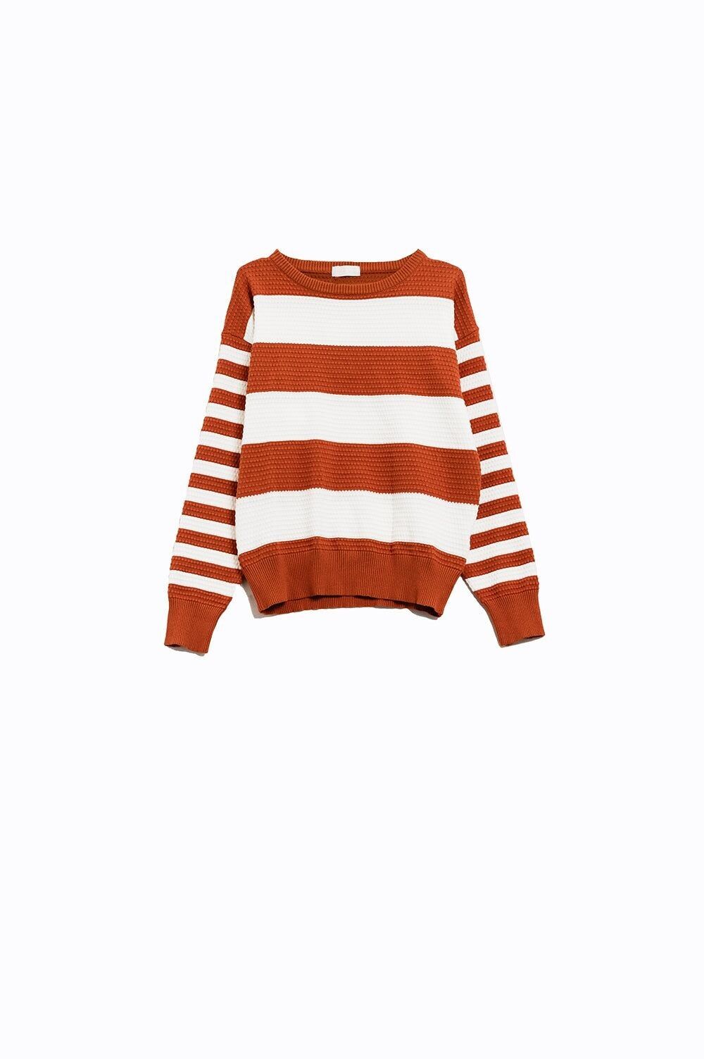 Orange-weiß gestreifter Pullover mit Rundhals