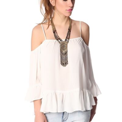 White cold shoulder top with frill trims