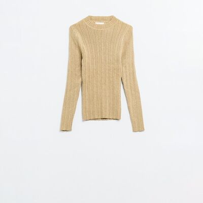 Maglione aderente a coste beige con dettaglio in filo argentato