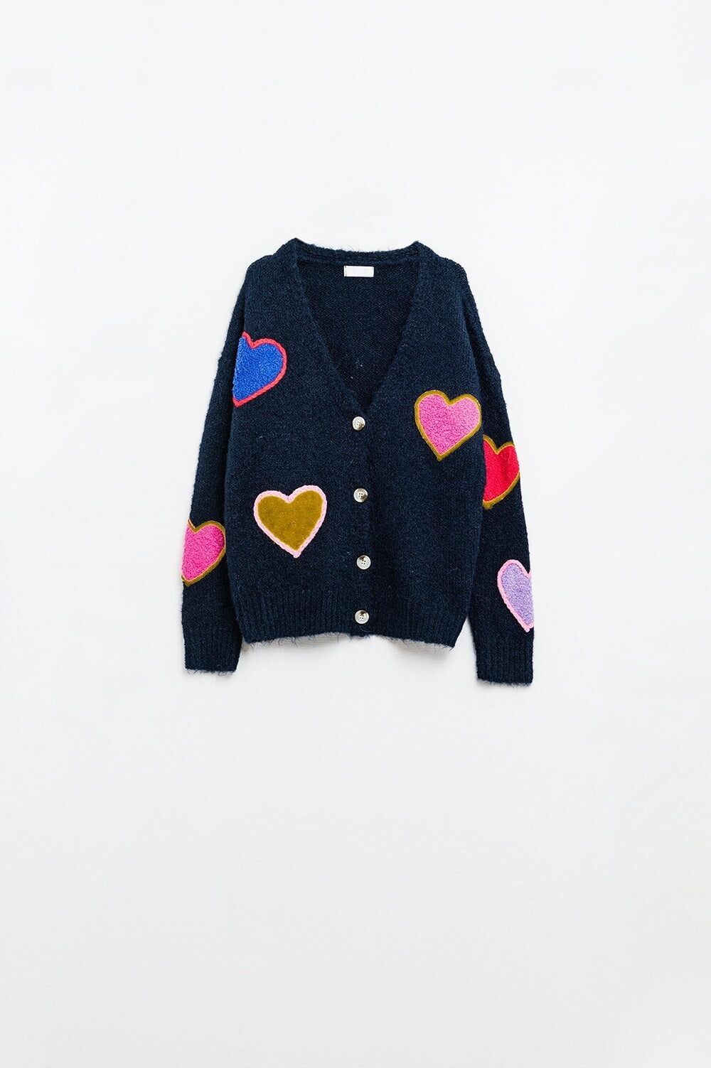 Cardigan lavorato a maglia blu navy con cuori ricamati