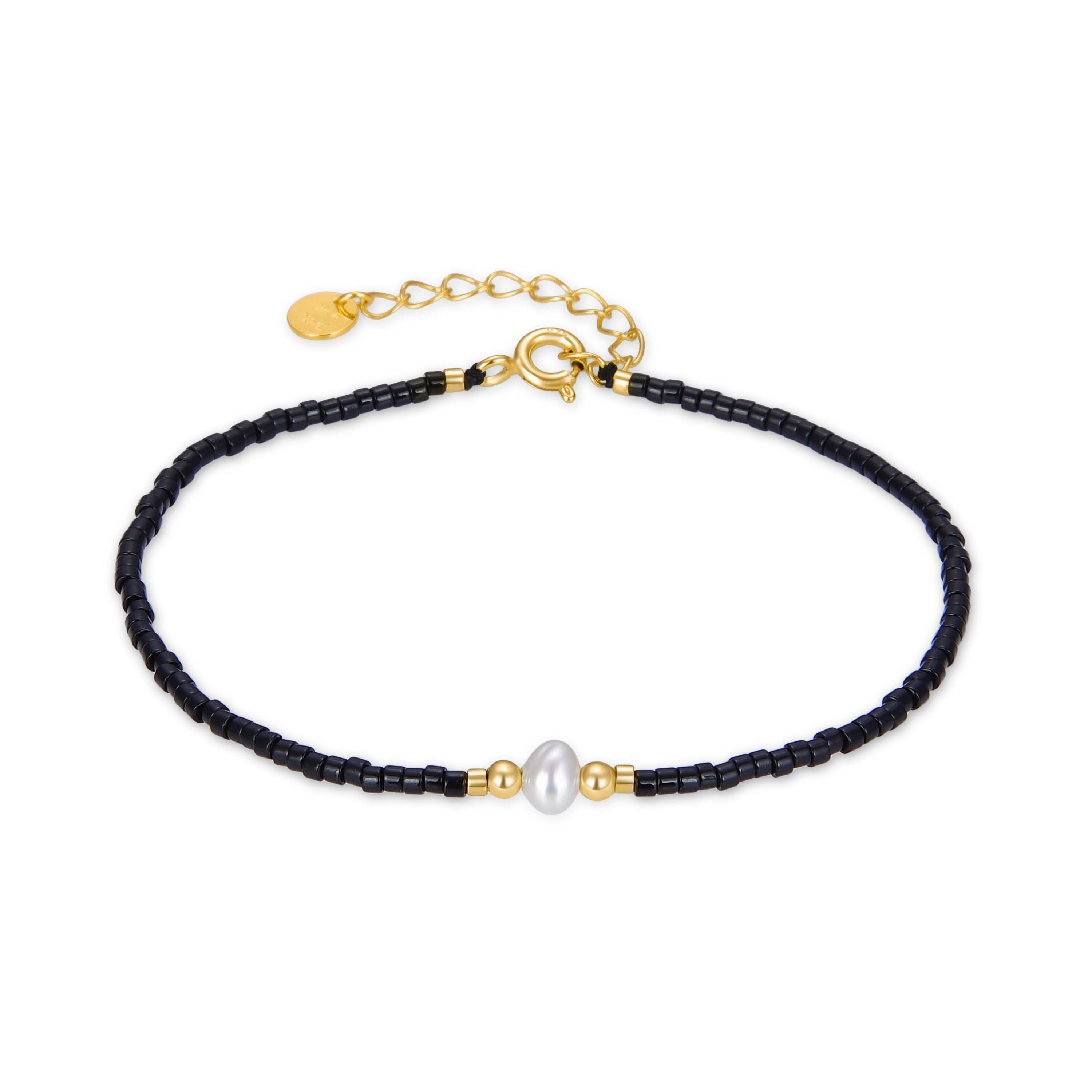Bracciale in argento sterling 925 con perla bianca rifinito in oro giallo 18 carati - Isrha