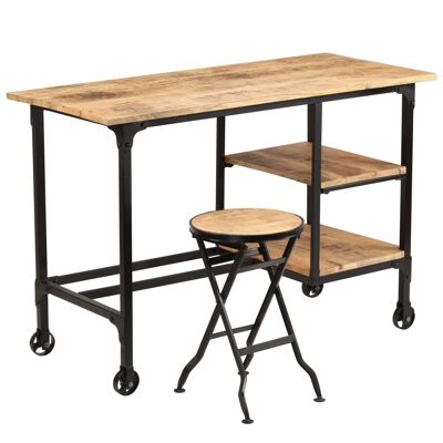 Bureau avec tabouret pliant en bois de manguier massif 115x50x76 cm