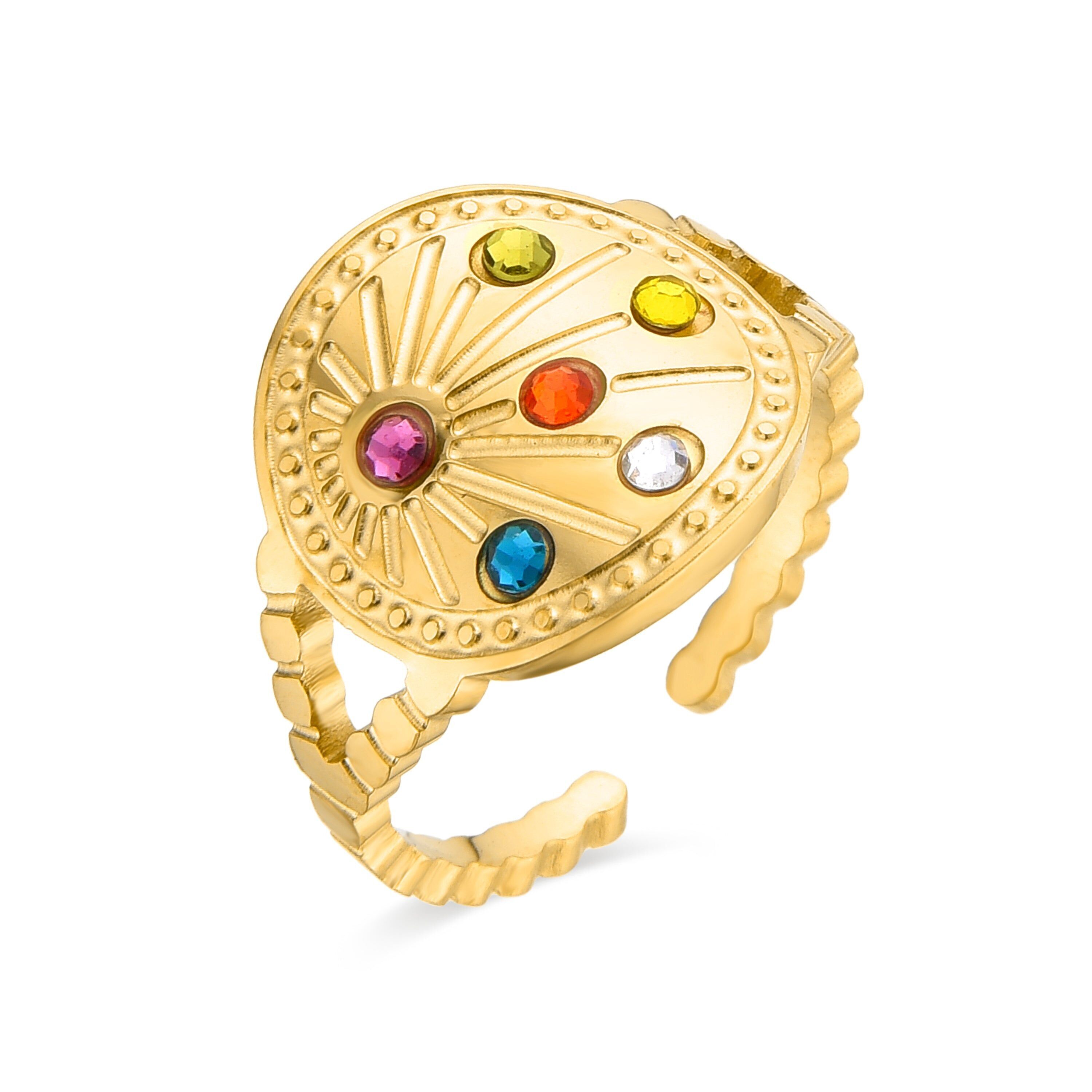 Anello con zirconi multicolori rifiniti in oro giallo 18 carati - Moranzel