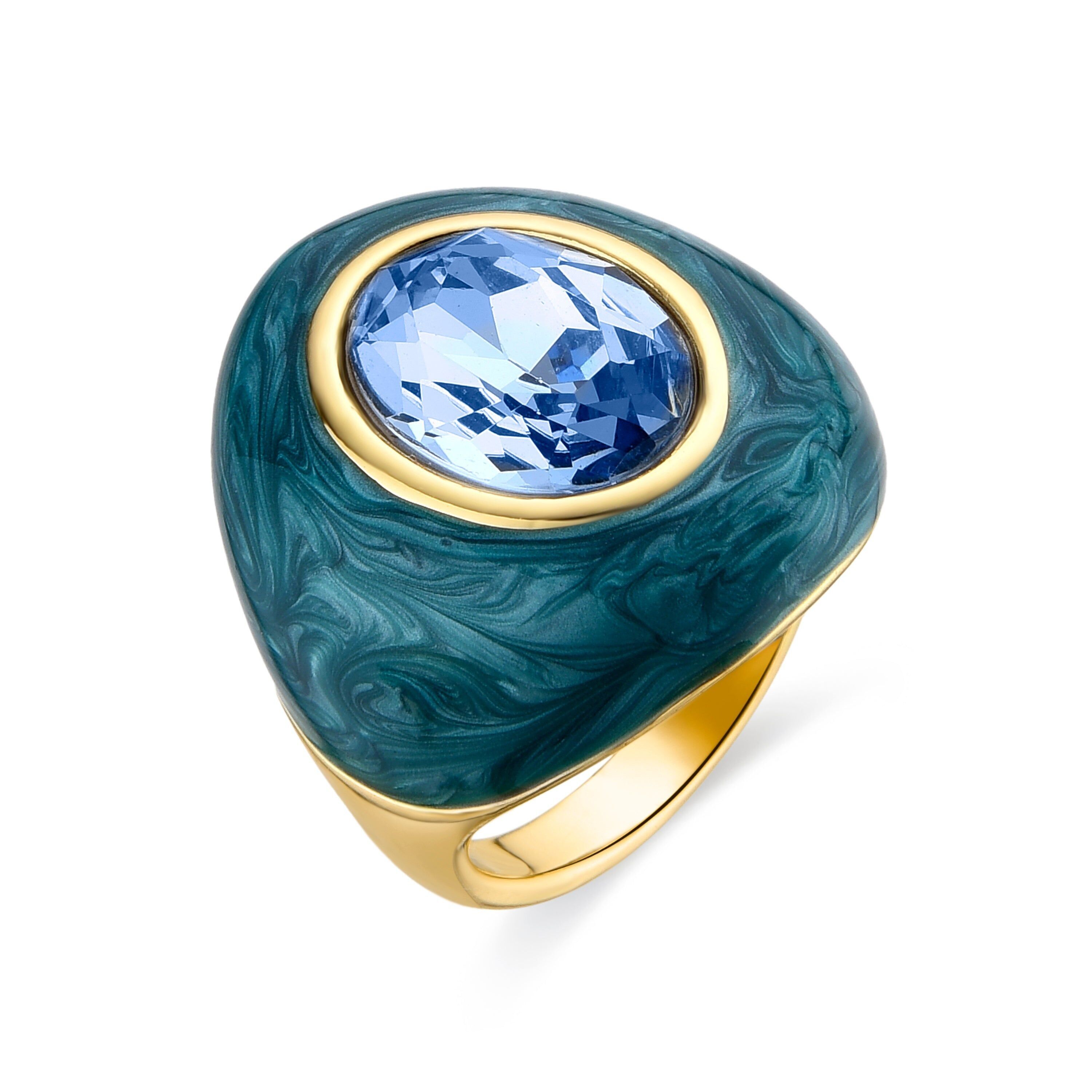 Anello con zirconi e topazio blu rifinito in oro giallo 18 carati - Amarke