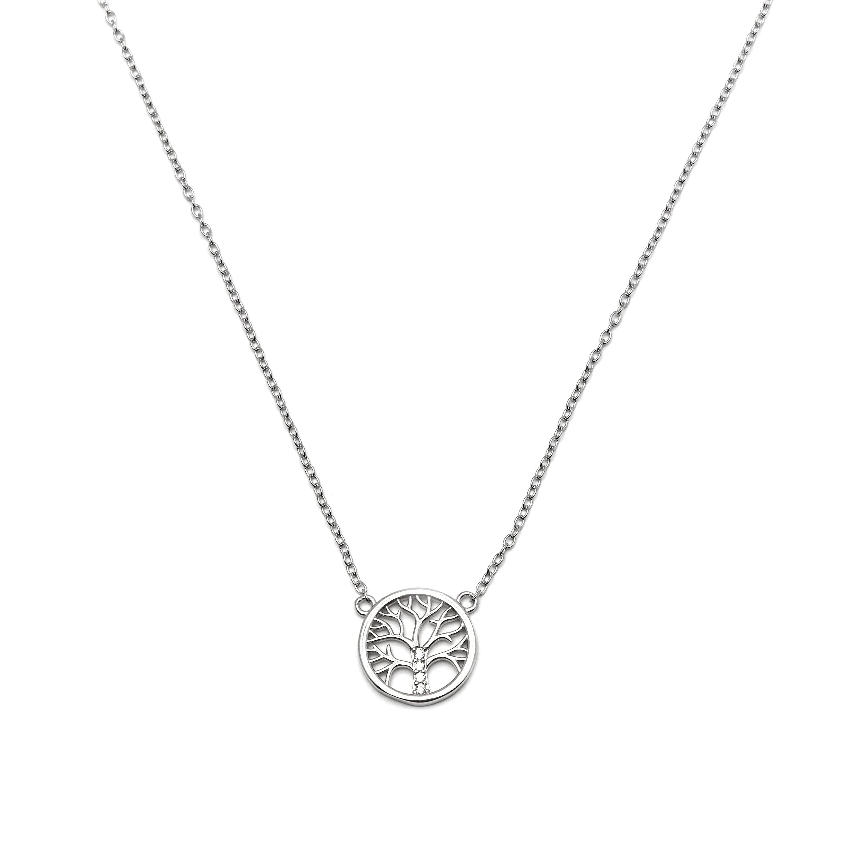 925 Sterling Silver Necklace with Shiny Zirconia Finished in Rhodium - Tree of Life