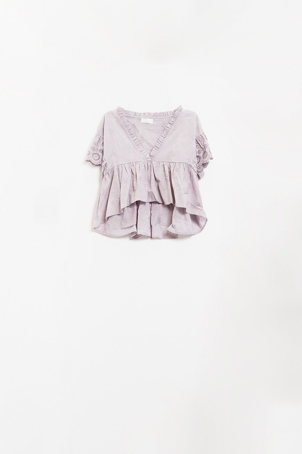 Top lilla a maniche corte con scollo a V e fondo arricciato