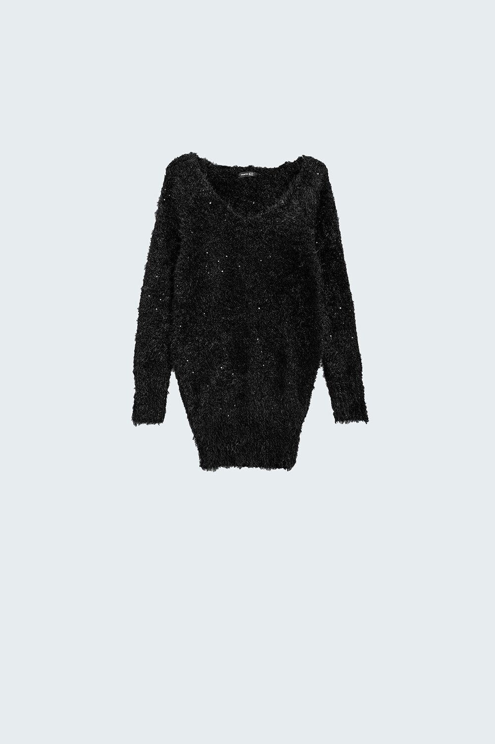 maxi maglione nero soffice con dettaglio strass