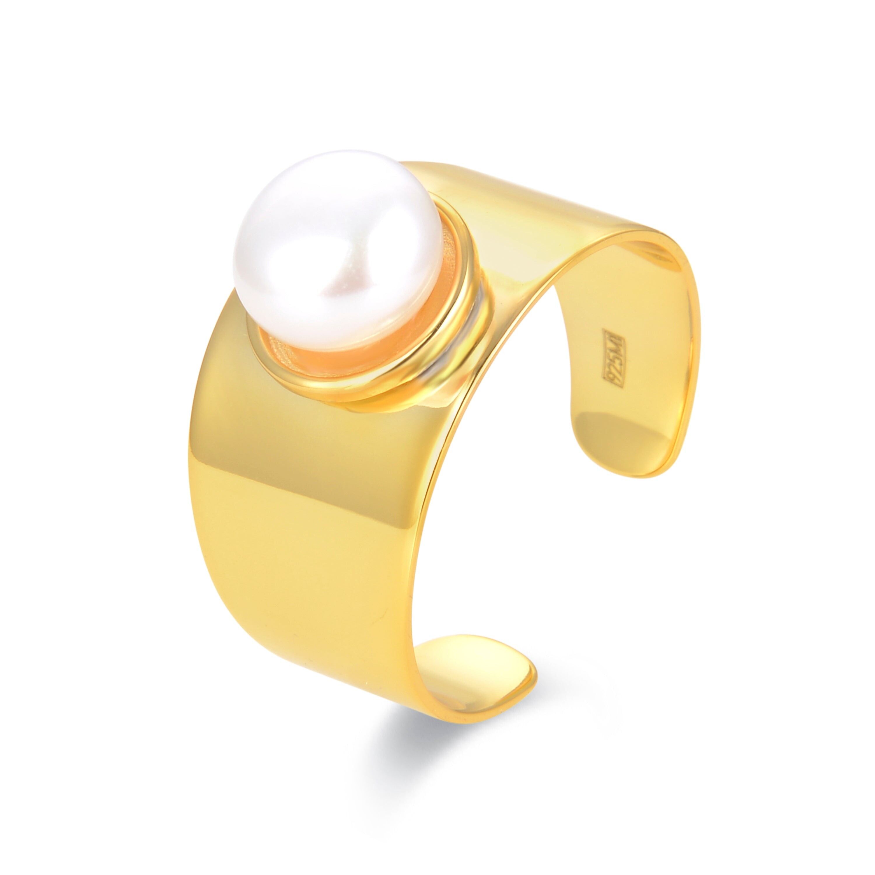 Anello Luxenter in argento sterling 925 con perla bianca rifinito in oro giallo 18 carati - Kenceo