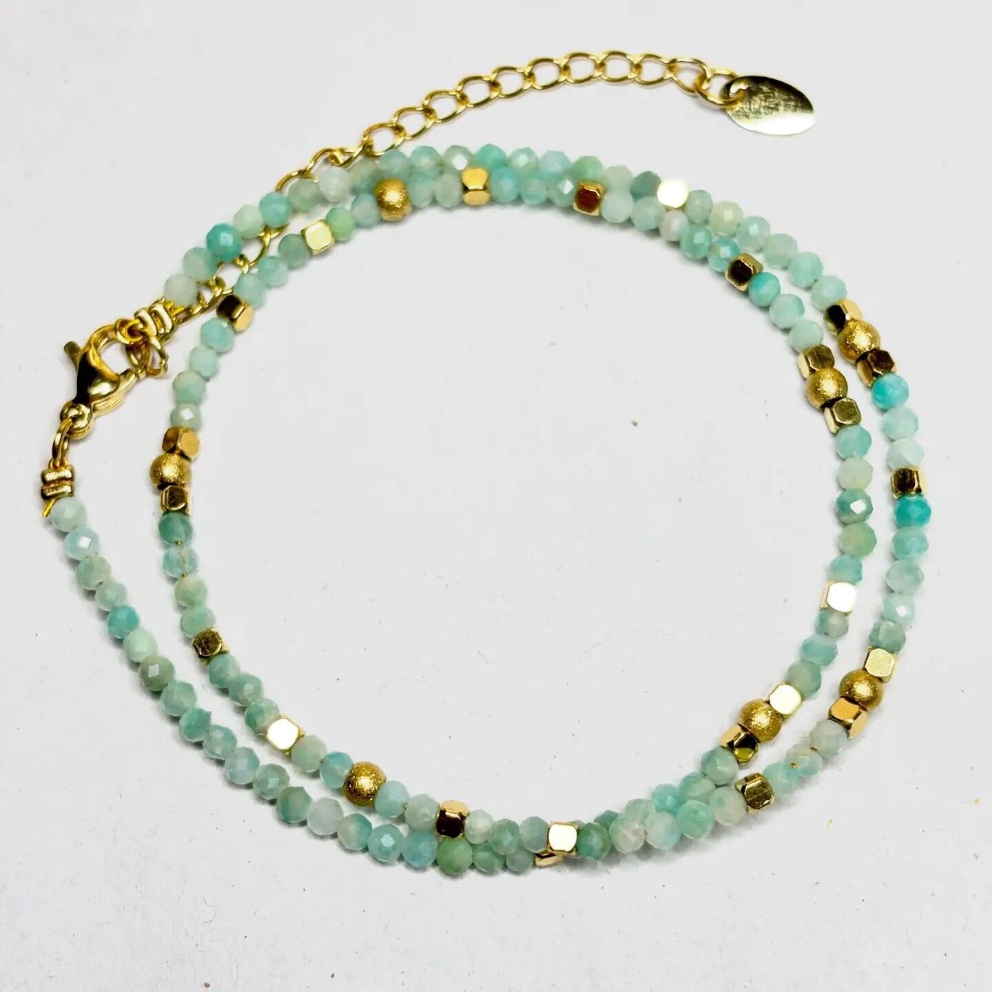 Bracciale doppio giro - Pietre naturali di amazzonite - Acciaio inossidabile 316L - Ematite dorata