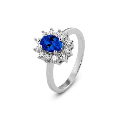 Silver ring with rosette 12x10mm blue and white zirconia rhodium plated