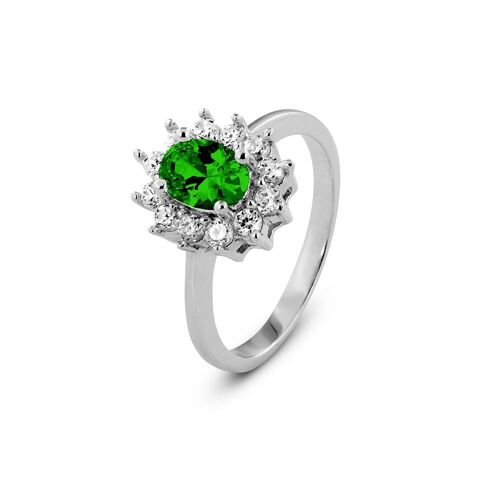Silver ring with rosette 12x10mm green and white zirconia rhodium plated