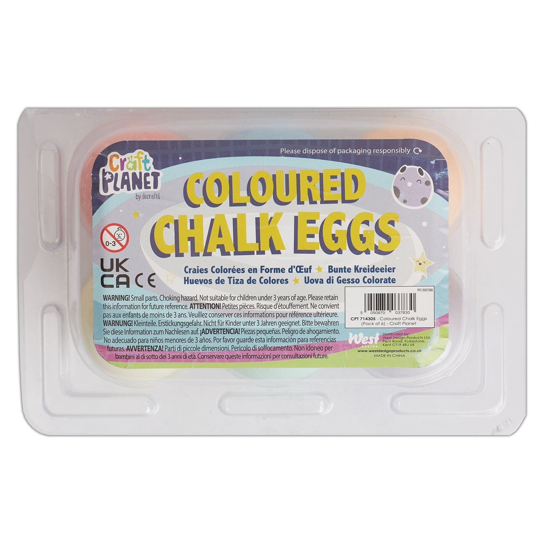 Huevos de tiza Craft Planet, multicolor, paquete de 6, arte y manualidades divertidos para niños, dibujo, pavimento, patio de juegos, escuela, hogar, jardín, juegos, papel