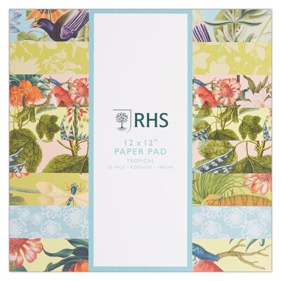 Blocco di carta RHS, 180 GSM, 8 disegni tropicali, 12" x 12", 32 fogli, carta a motivi di alta qualità, per biglietti, scrapbooking, decoupage