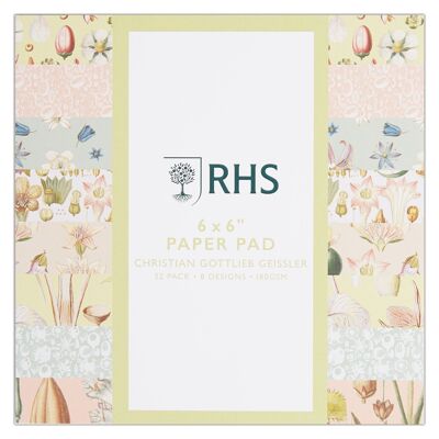 Blocco di carta RHS, 180 GSM, 8 disegni Geissler, 6" x 6", 32 fogli, carta a motivi di alta qualità, per biglietti, scrapbooking, decoupage