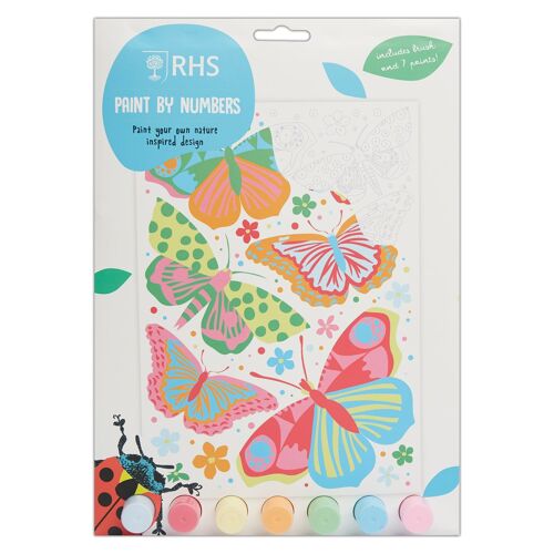 RHS The Royal Horticultural Society Paint By Numbers For Kids With 7 Paints & Brush, Butterflies, A4, Multicoloured, Gift For Kids, Fun Activity