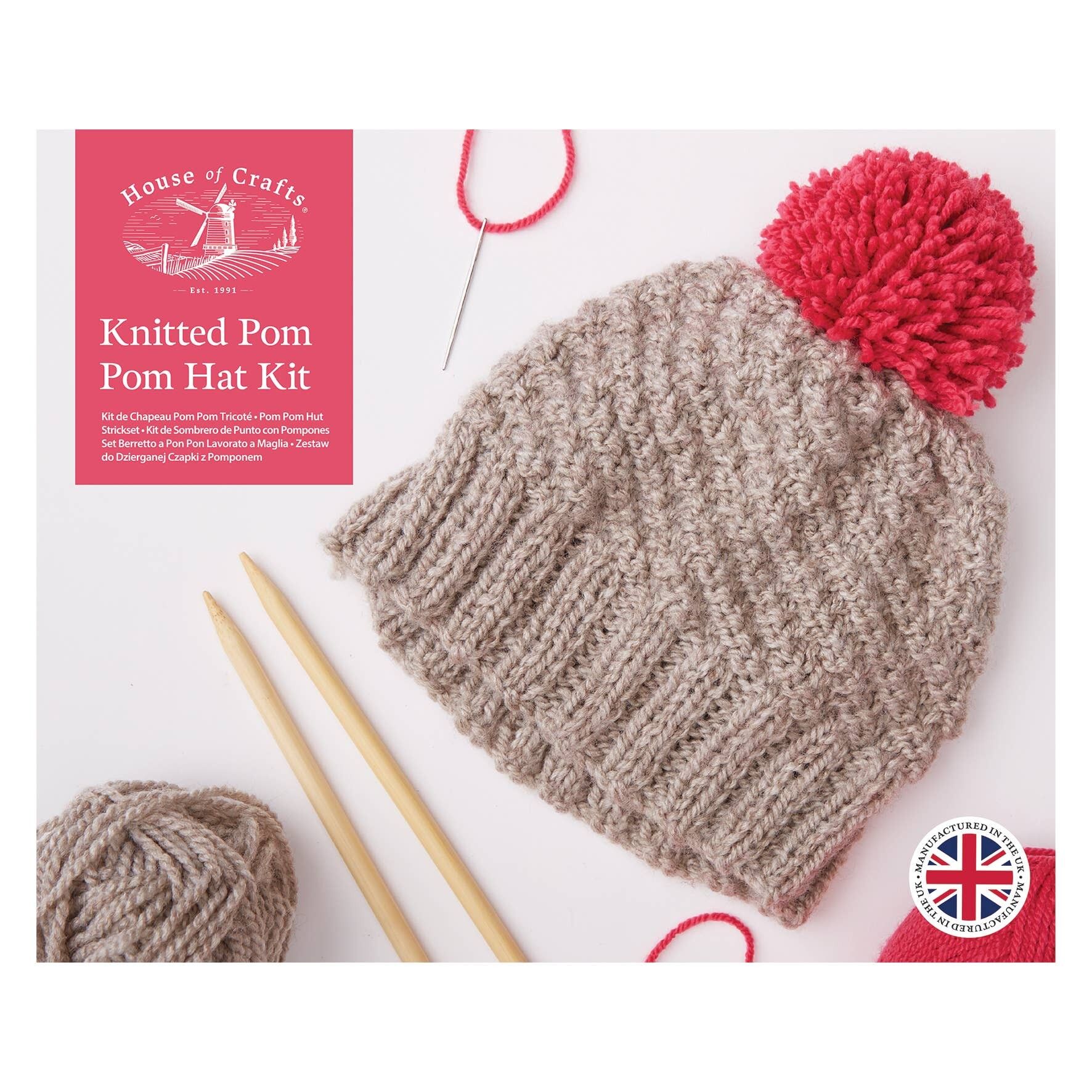 Kit de manualidades para hacer un gorro con pompón de punto suave y cálido de House of Crafts, idea única para regalar en Navidad o cumpleaños, manualidad para adultos, ideal para principiantes