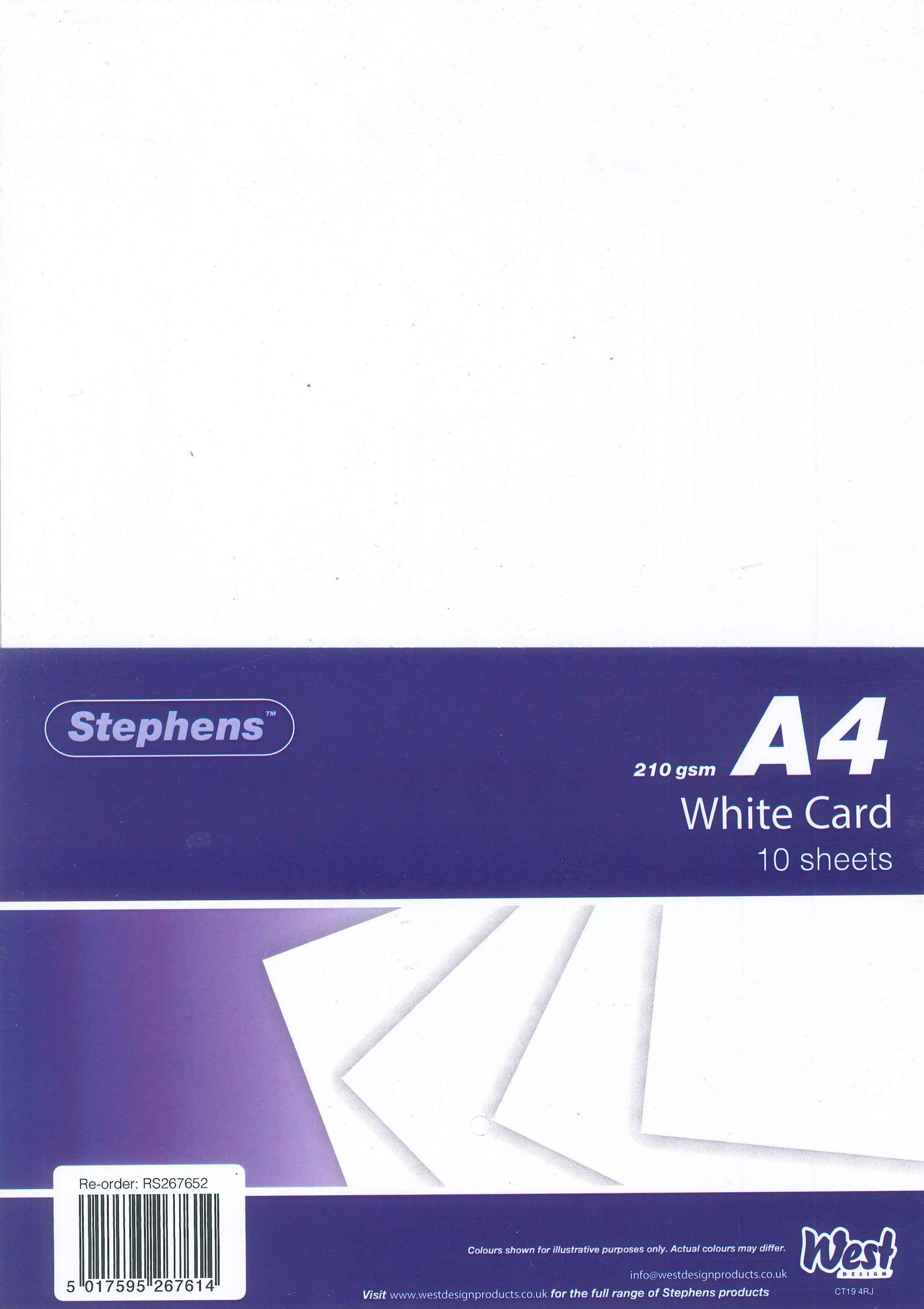 Stephens Coloured Card White A4 210gsm 10 Sheets, Great For Printing, Photocopying, Card Making, Decoupage, And Scrapbook Designs, Perfect Cardboard Base For Craft Projects, Essential Stationery Item
