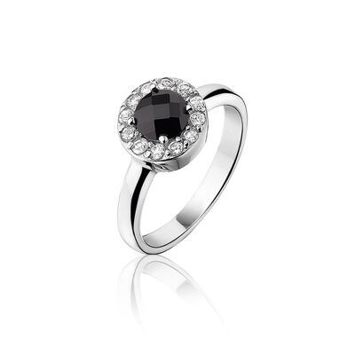 Silver ring with 10mm black zirconia  + white channel zirconia rhodium plated