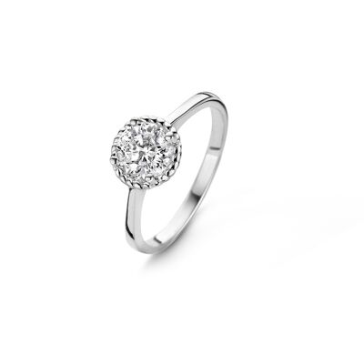 Silver ring with 7mm 100 facet white zirconia rhodium plated