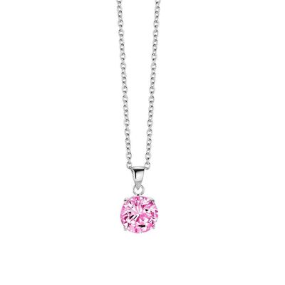Silver necklace 10mm round pink zirconia 40+5cm rhodium plated
