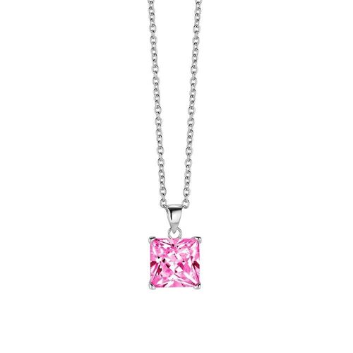Silver necklace 10mm square pink zirconia 40+5cm rhodium plated