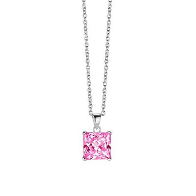 Silver necklace 10mm square pink zirconia 40+5cm rhodium plated