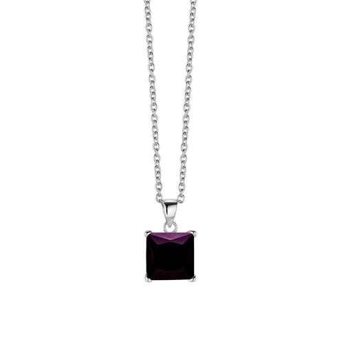 Silver necklace 10mm square purple zirconia 40+5cm rhodium plated