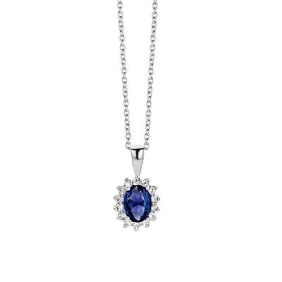 Silver necklace rosette blue and white zirconia 40+5cm rhodium plated