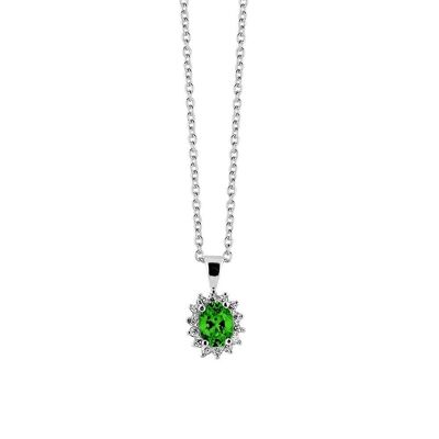 Collier en argent rosace verte et zircone blanche 40+5cm plaqué rhodium