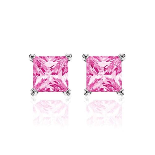 Silver earrings 6mm square pink zirconia rhodium plated