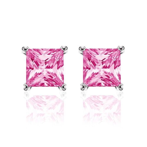 Silver earrings 8mm square pink zirconia rhodium plated