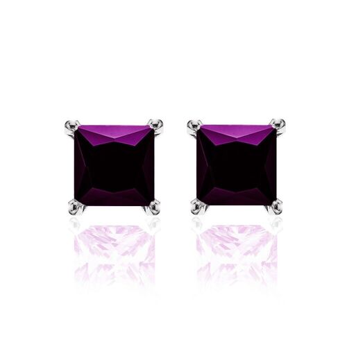 Silver earrings 6mm square purple zirconia rhodium plated