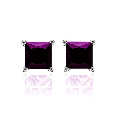 Boucles d'oreilles argent 6mm carré zircon violet rhodié