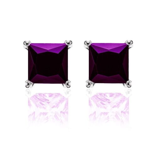 Silver earrings 8mm square purple zirconia rhodium plated