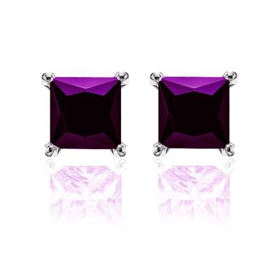 Silver earrings 8mm square purple zirconia rhodium plated