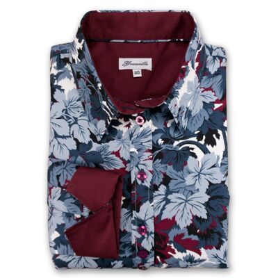 Grenouille Ladies Camicia stampata con foglie blu ardesia e marrone