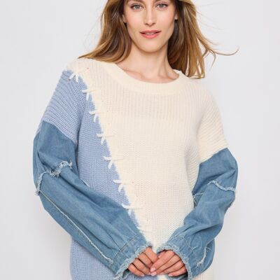 Maglione in maglia bicolore con maniche in denim