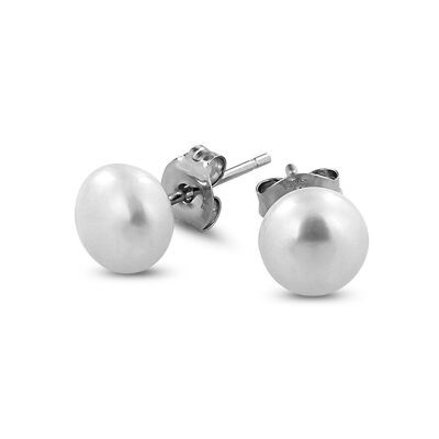Pendientes de plata perla de agua dulce blanca de 7 mm rodiada