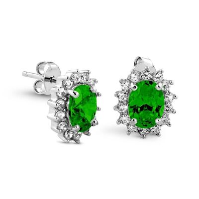 Boucles d'oreilles en argent rosace verte et zircone blanche rhodiée