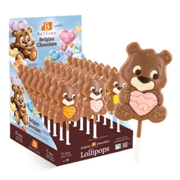 Piruleta CHOCOLATE CORAZÓN OSO 25g - Display de 24 piruletas