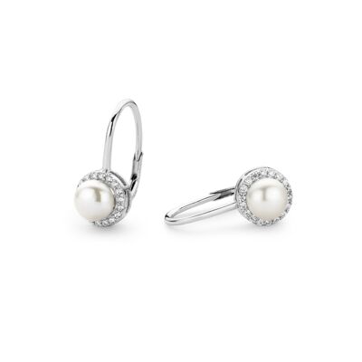 Orecchini in argento con zirconi bianchi e perla rodiati